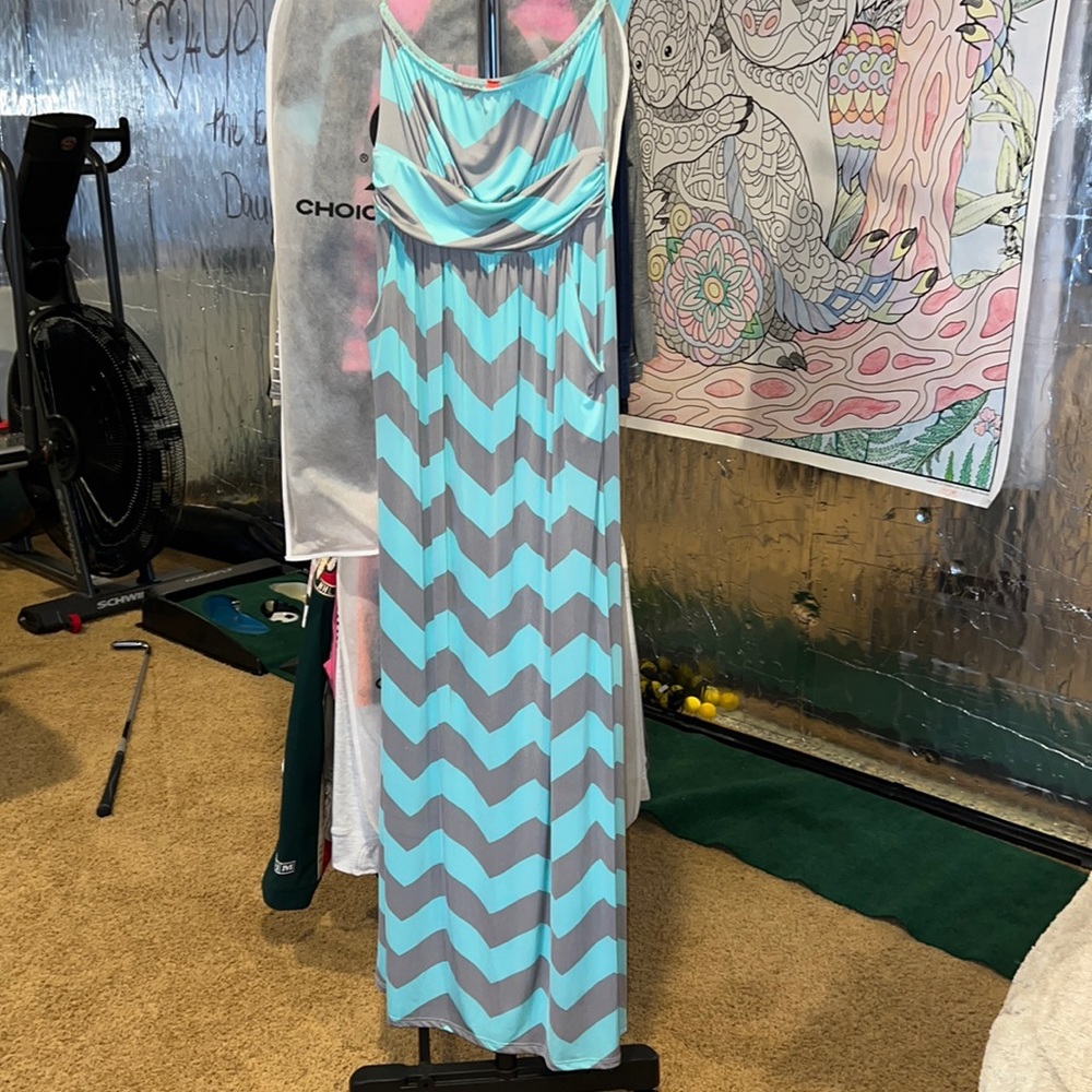 Strapless Teal and grey striped maxi dress with pockets, Fashionomics one size